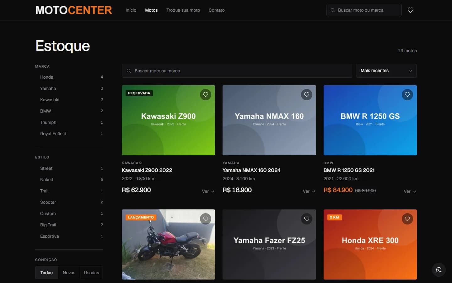Catálogo de motos com filtros laterais