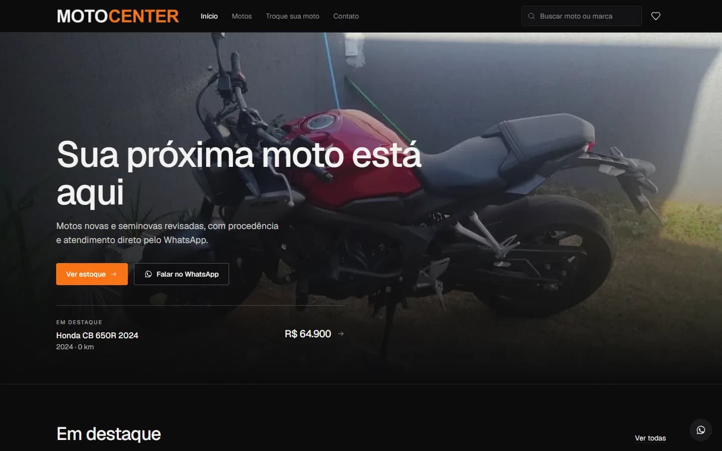 Página inicial de uma loja de motos feita com o sistema