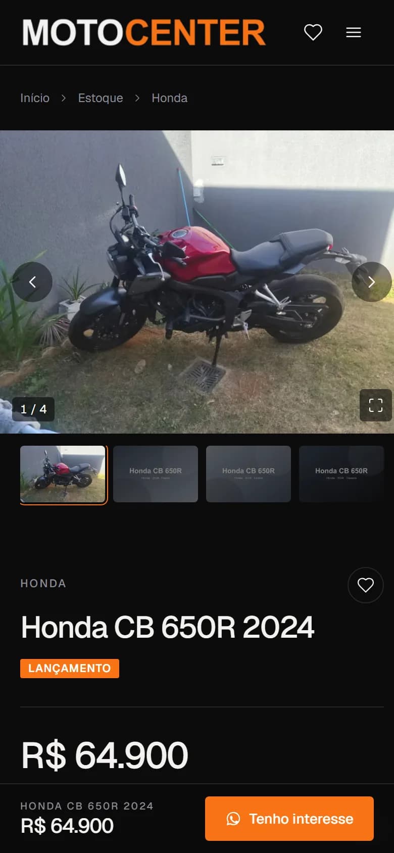 Página de uma moto no celular com botão de WhatsApp