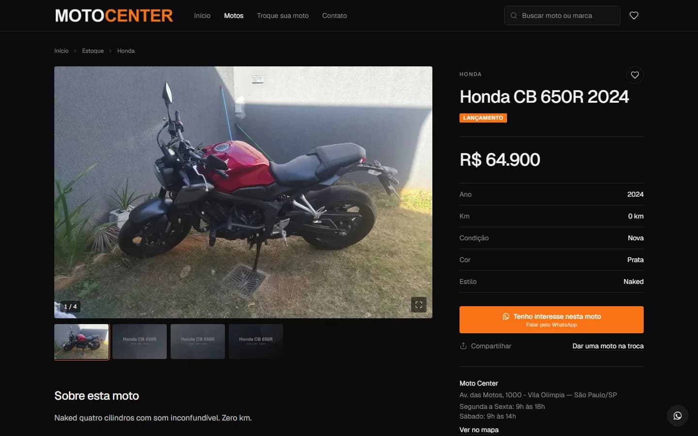 Página de uma moto com galeria, preço e botão de WhatsApp